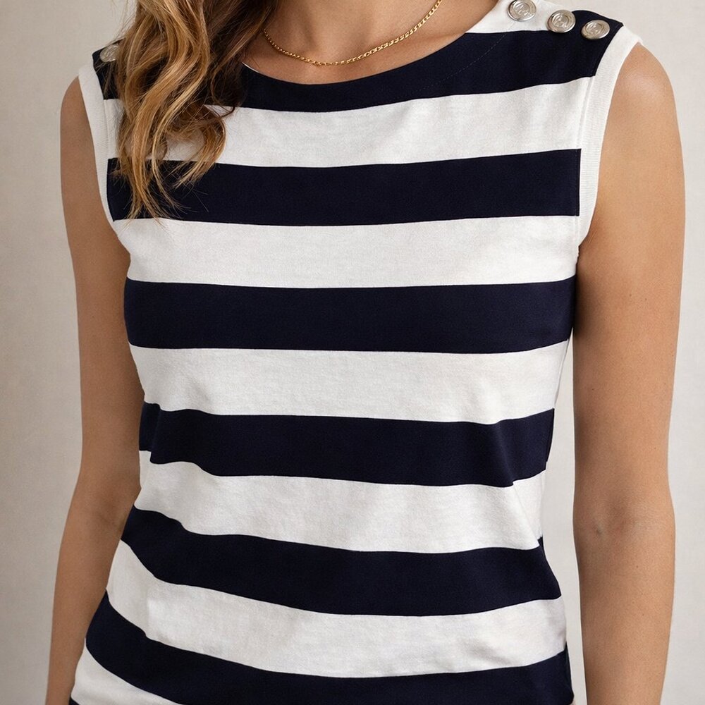 NWT Ralph Lauren Navy White Stripe Boatneck Silver Crest Button Nautical Top S